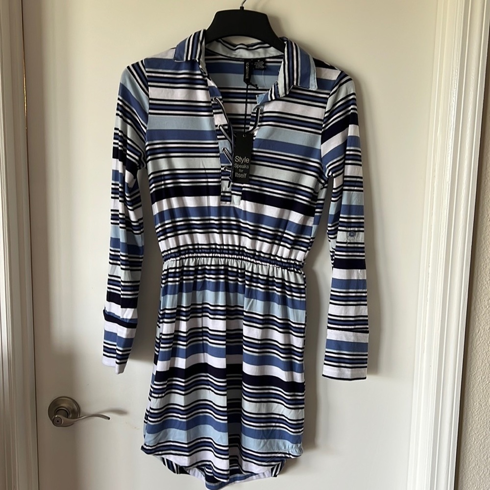 New No Comment Blue Striped Long Sleeve Dress